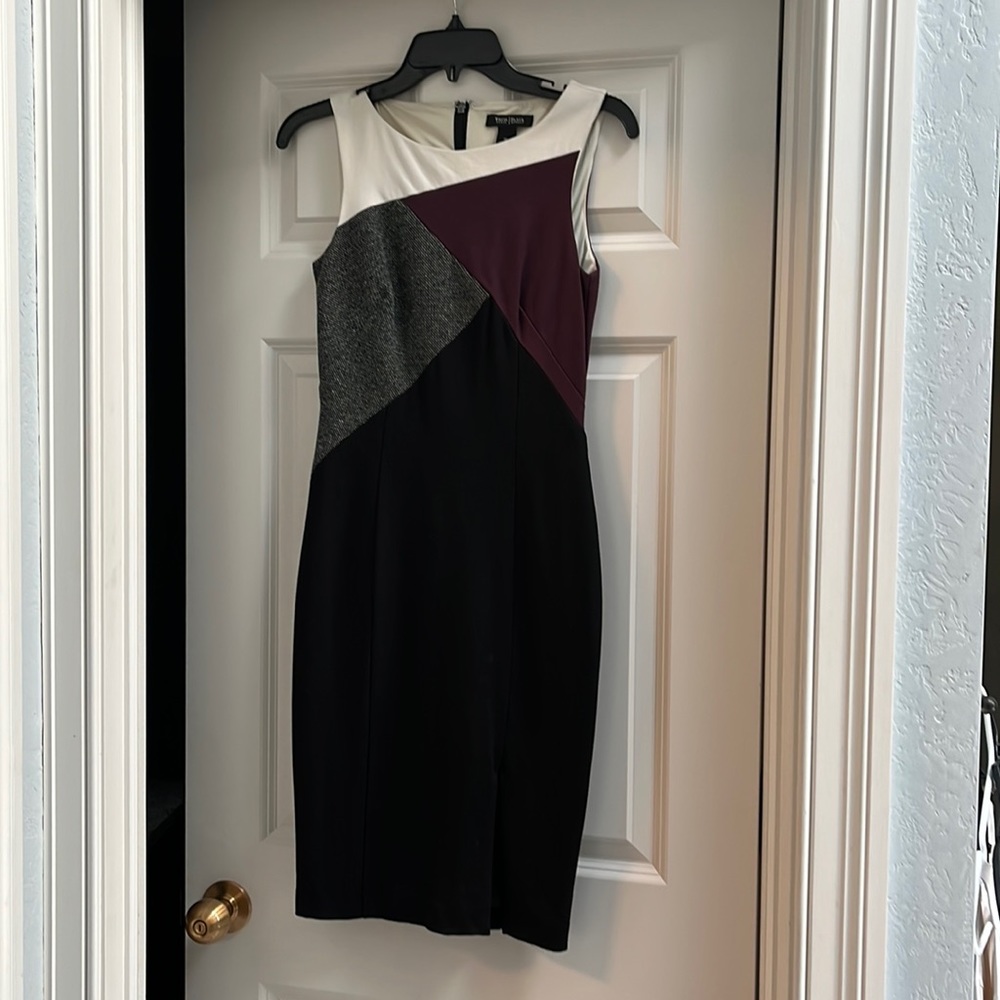 Gray , maroon, and black geometric shift dress